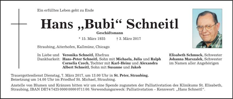 Traueranzeige Hans "Bubi" Schneitl