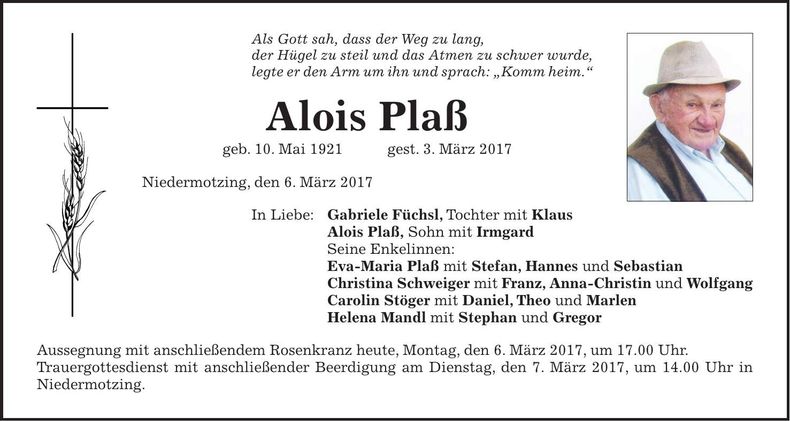 Traueranzeige Alois Plaß