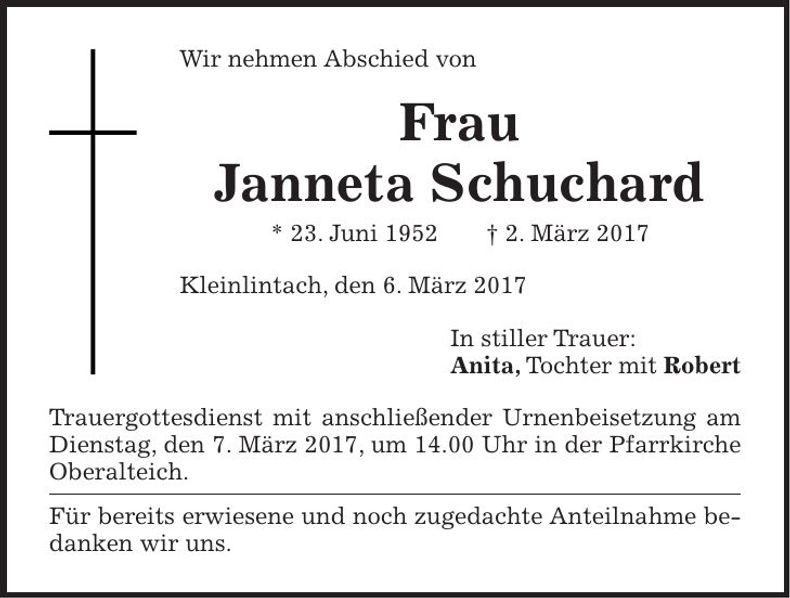 Traueranzeige Janneta Schuchard