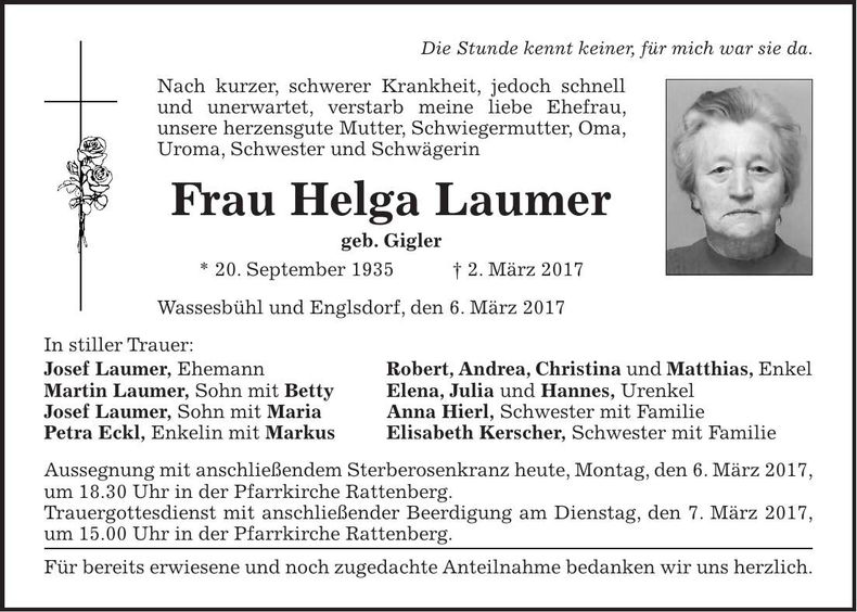 Traueranzeige Helga Laumer