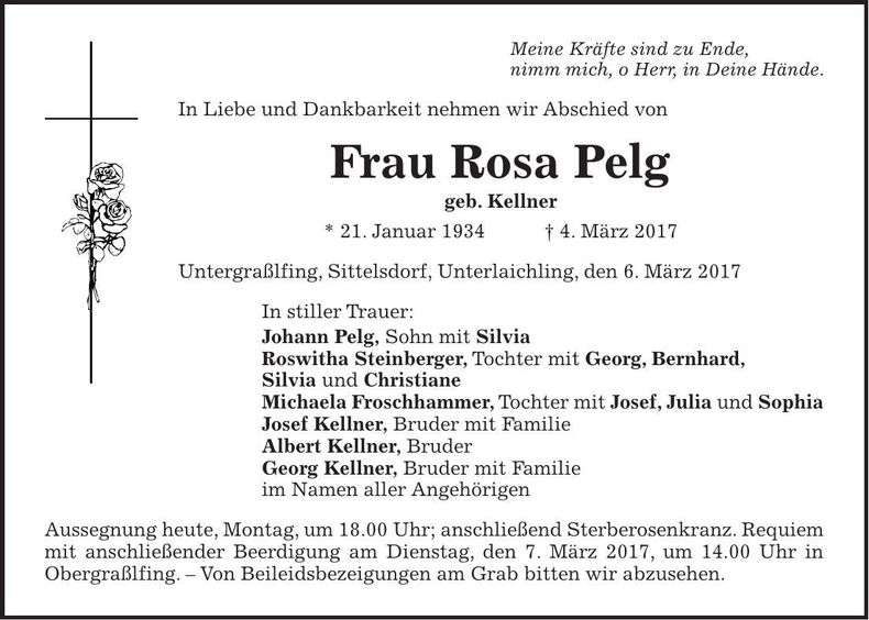 Traueranzeige Rosa Pelg