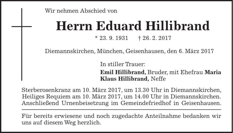 Traueranzeige Eduard Hillibrand