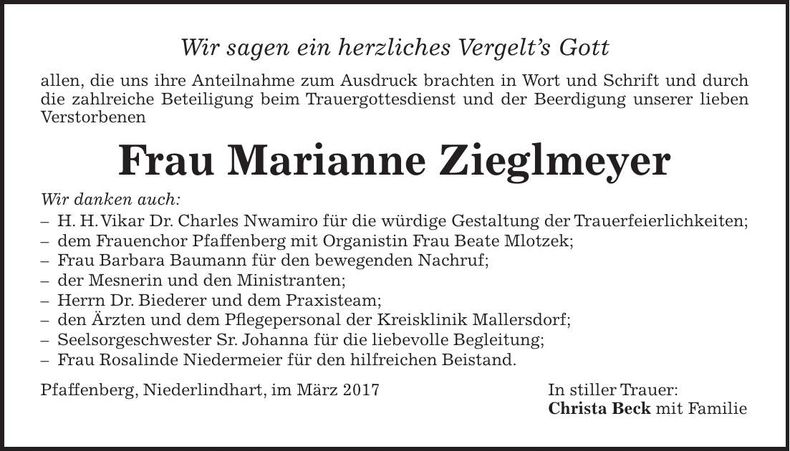 Traueranzeige Marianne Zieglmeyer