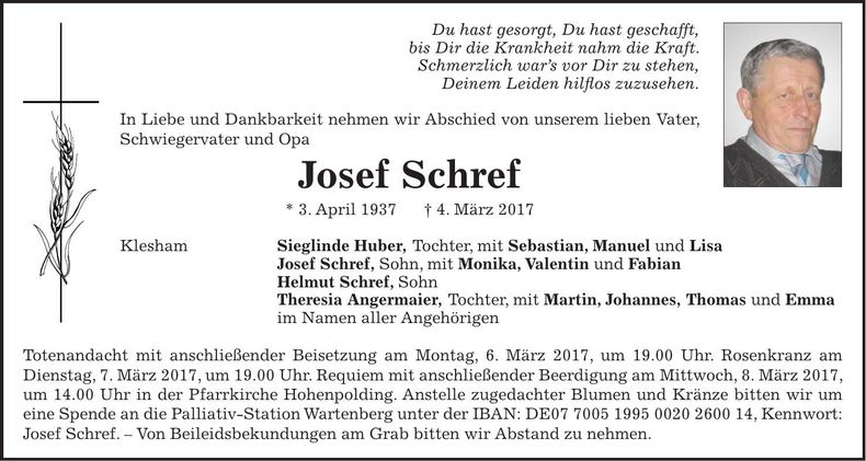 Traueranzeige Josef Schref