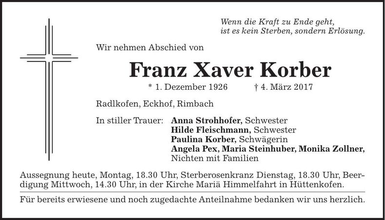 Traueranzeige Franz Xaver Korber