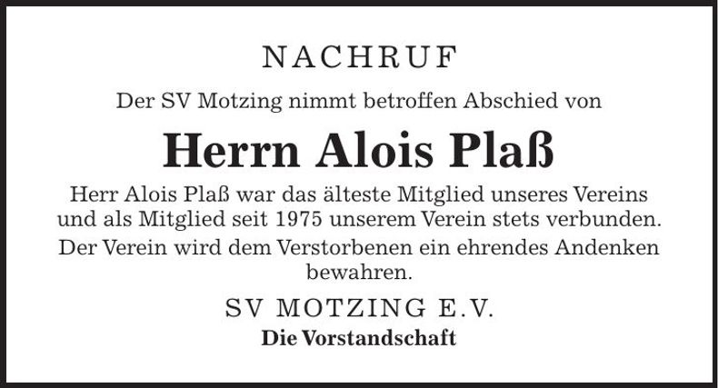 Traueranzeige Alois Plaß