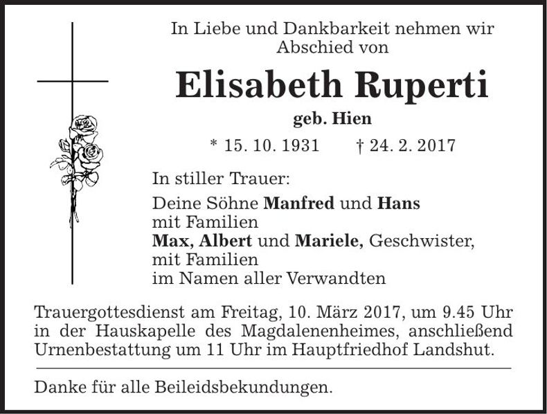 Traueranzeige Elisabeth Ruperti