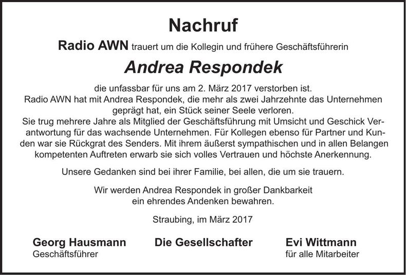 Traueranzeige Andrea Respondek