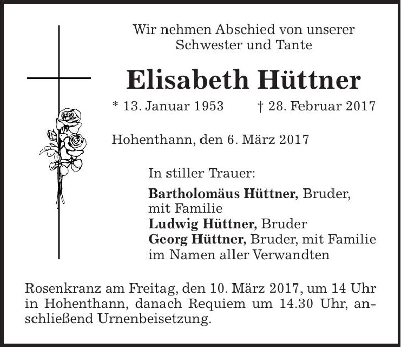 Traueranzeige Elisabeth Hüttner