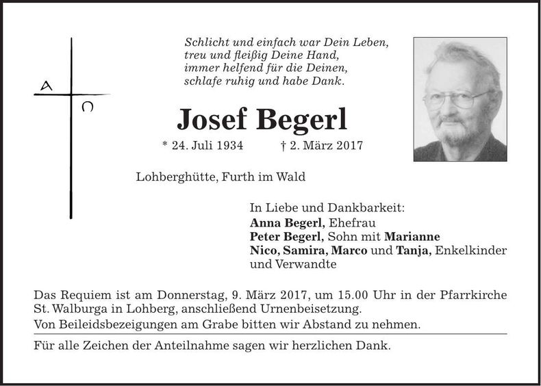 Traueranzeige Josef Begerl