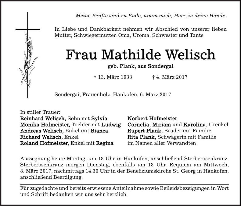 Traueranzeige Mathilde Welisch