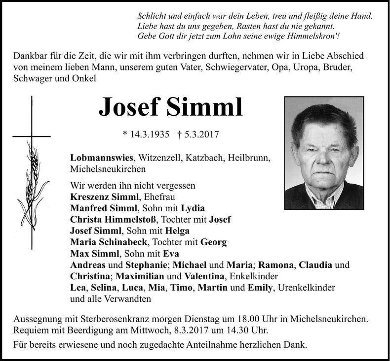 Traueranzeige Josef Simml