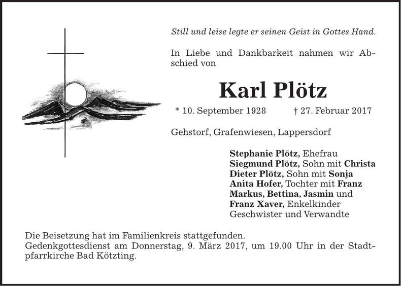 Traueranzeige Karl Plötz