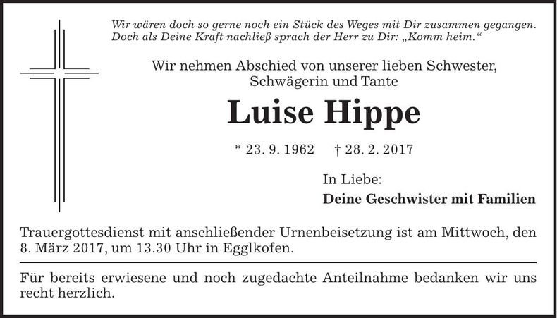 Traueranzeige Luise Hippe