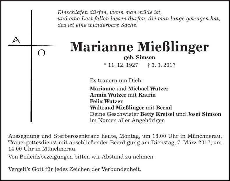 Traueranzeige Marianne Mießlinger