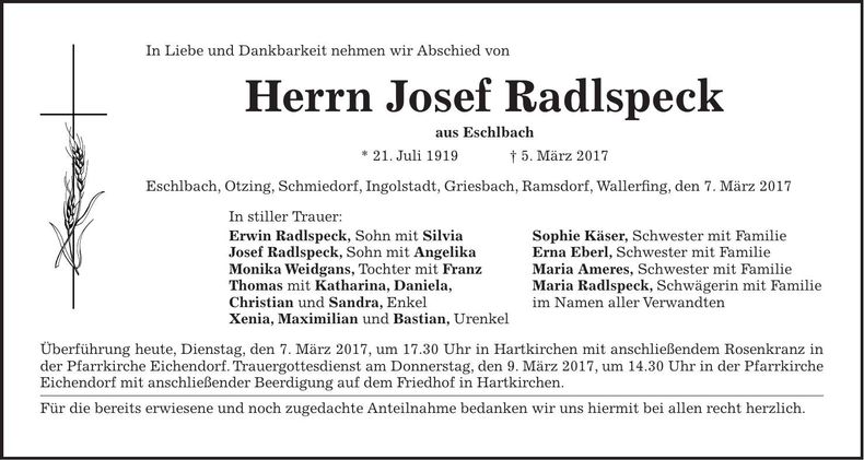 Traueranzeige Xaver Radlspeck