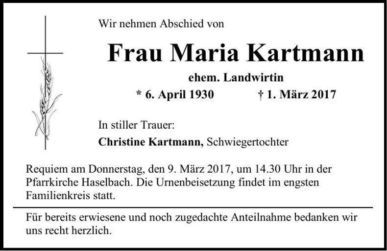 Traueranzeige Maria Kartmann