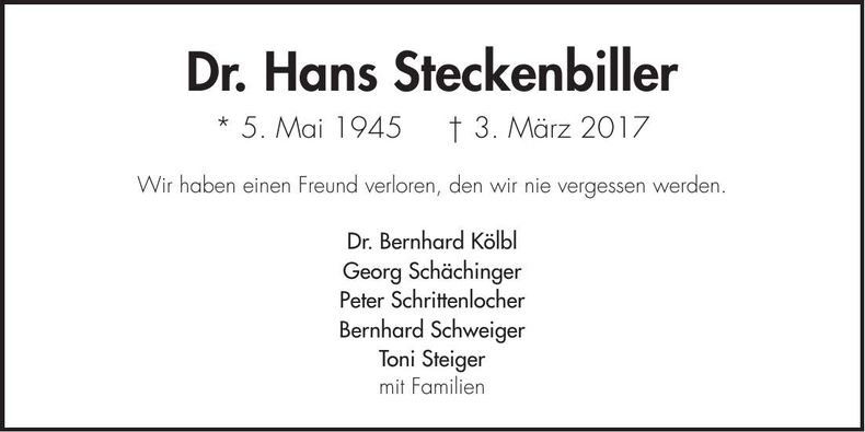Traueranzeige Hans Steckenbiller
