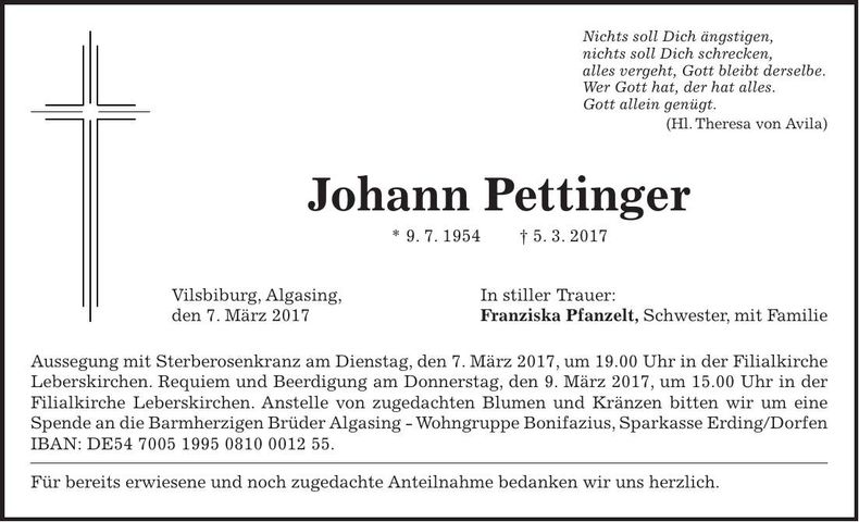 Traueranzeige Johann Pettinger