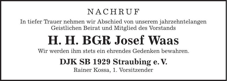 Traueranzeige Josef Waas