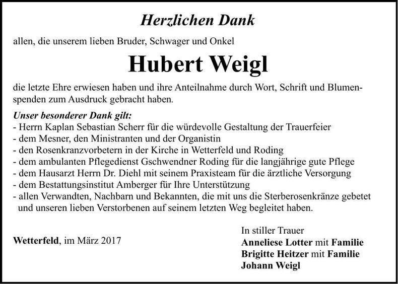 Traueranzeige Hubert Weigl