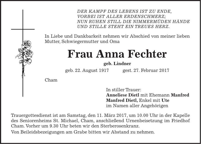 Traueranzeige Anna Fechter