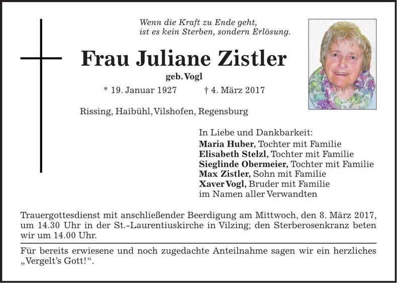 Traueranzeige Juliane Zistler