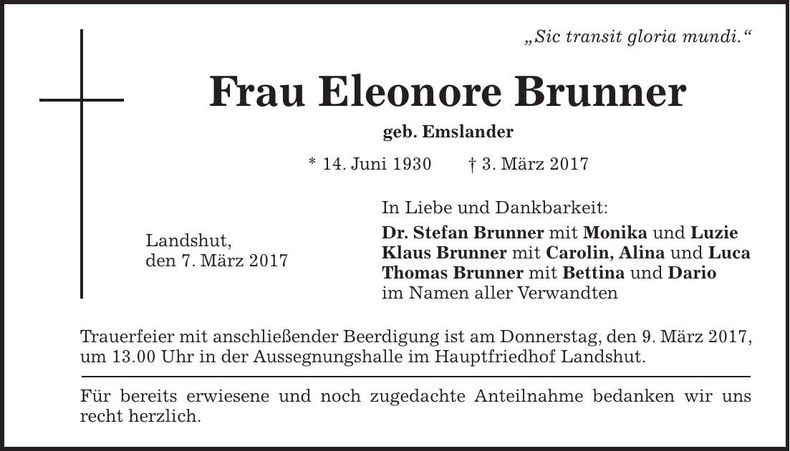 Traueranzeige Eleonore Brunner