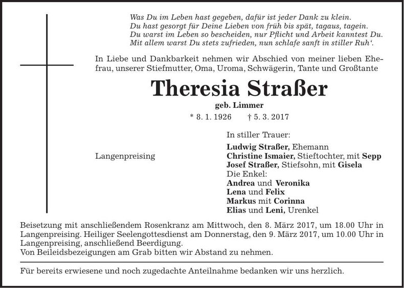 Traueranzeige Theresia Straßer