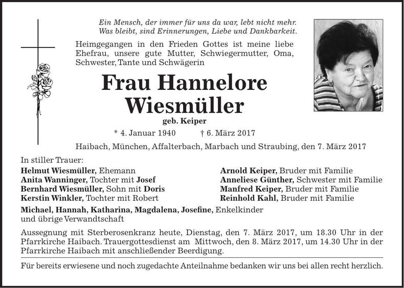 Traueranzeige Hannelore Wiesmüller
