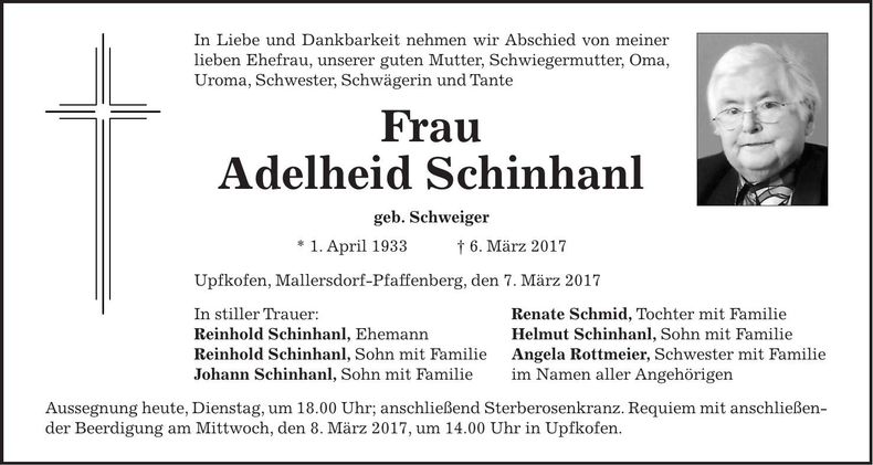 Traueranzeige Adelheid Schinhanl