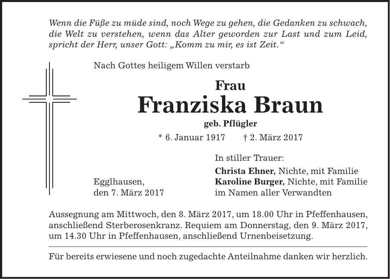 Traueranzeige Franziska Braun