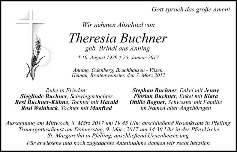 Traueranzeige Theresia Buchner