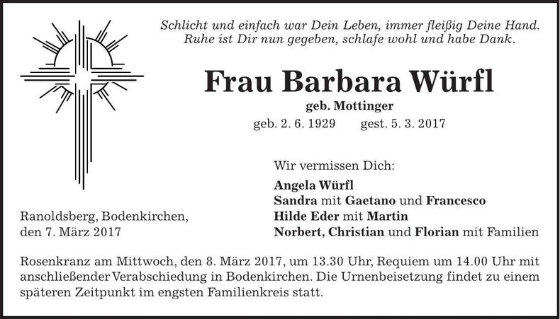 Traueranzeige Barbara Würfl