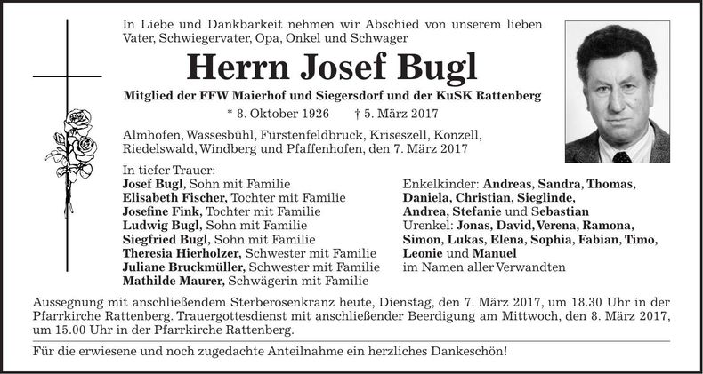 Traueranzeige Josef Bugl
