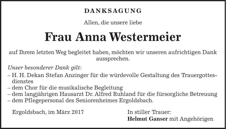 Traueranzeige Anna Westermeier