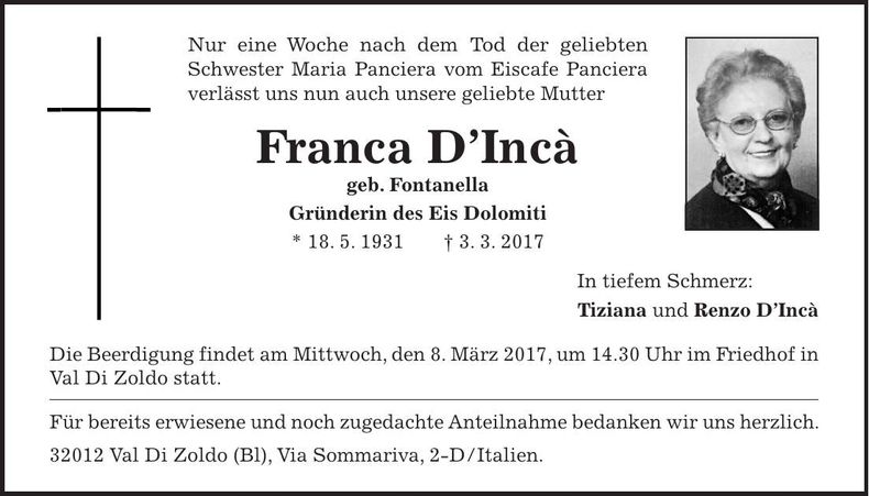 Traueranzeige Franca D'Inca