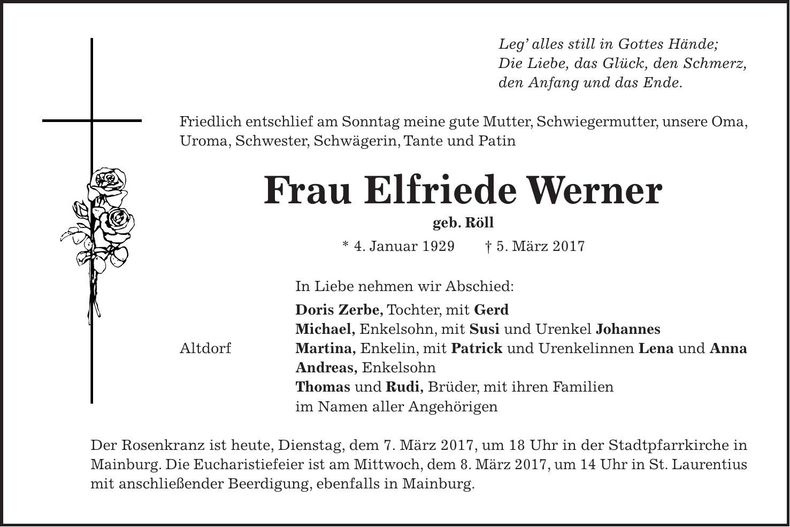 Traueranzeige Elfriede Werner