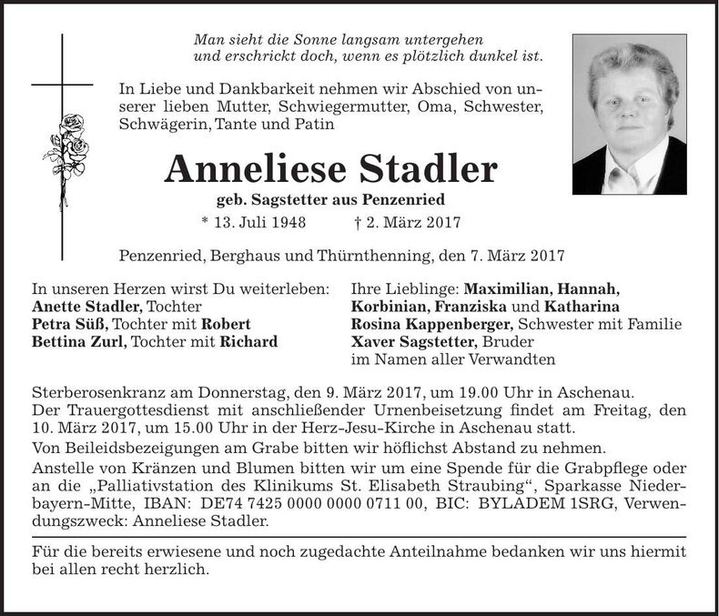 Traueranzeige Anneliese Stadler