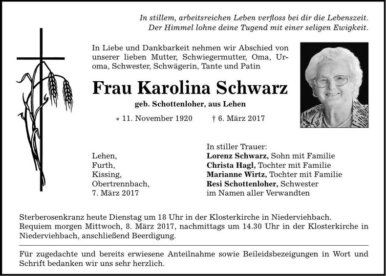 Traueranzeige Karolina Schwarz