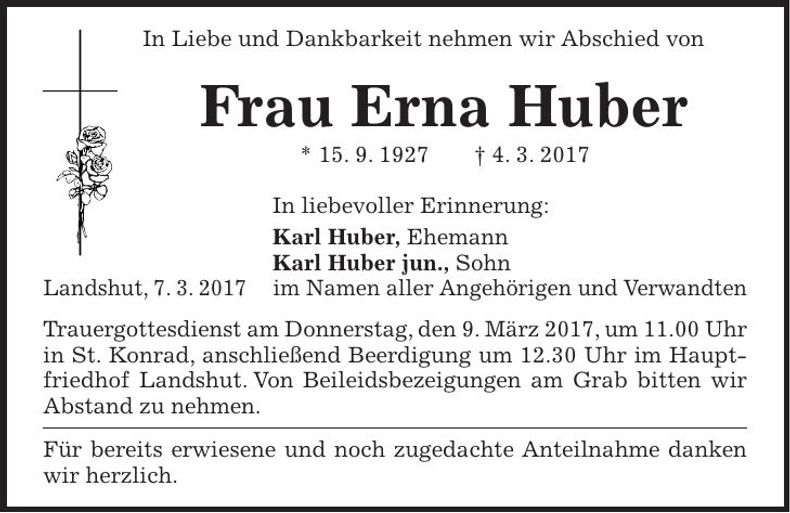 Traueranzeige Erna Huber