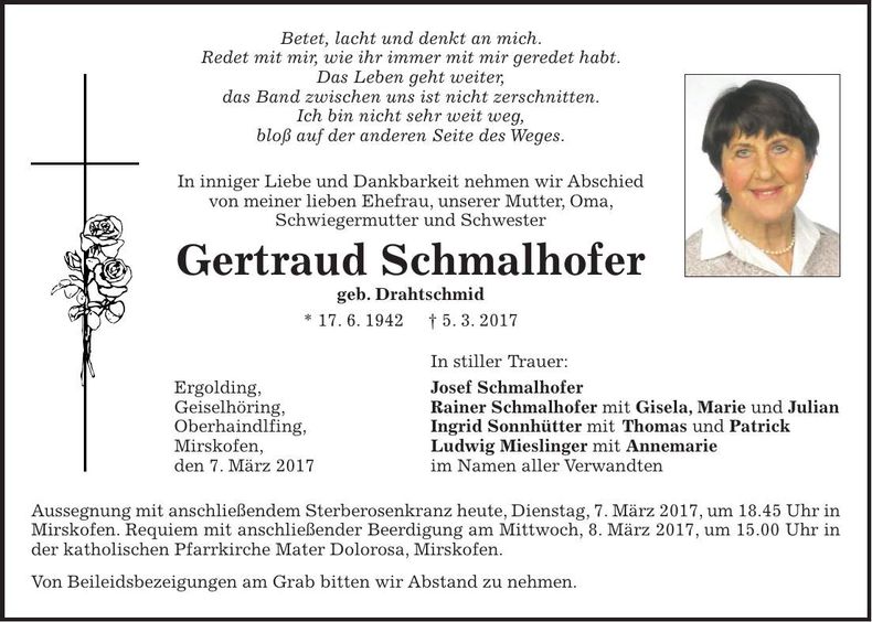 Traueranzeige Gertraud Schmalhofer