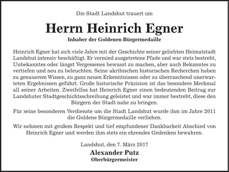 Traueranzeige Heinrich Egner