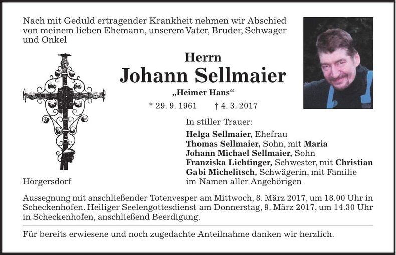 Traueranzeige Johann Sellmaier