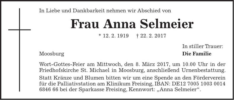 Traueranzeige Anna Selmeier