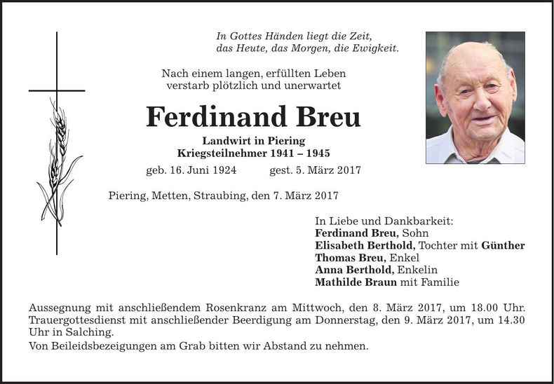 Traueranzeige Ferdinand Breu