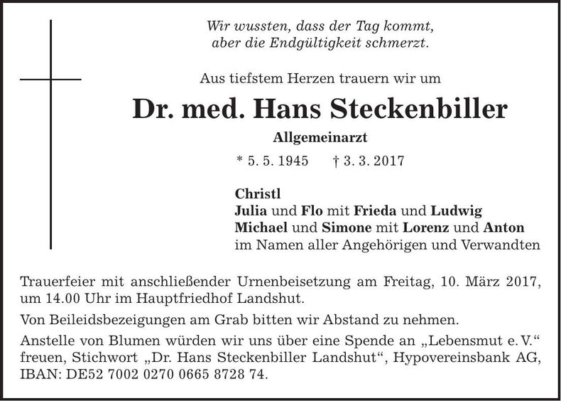 Traueranzeige Hans Steckenbiller