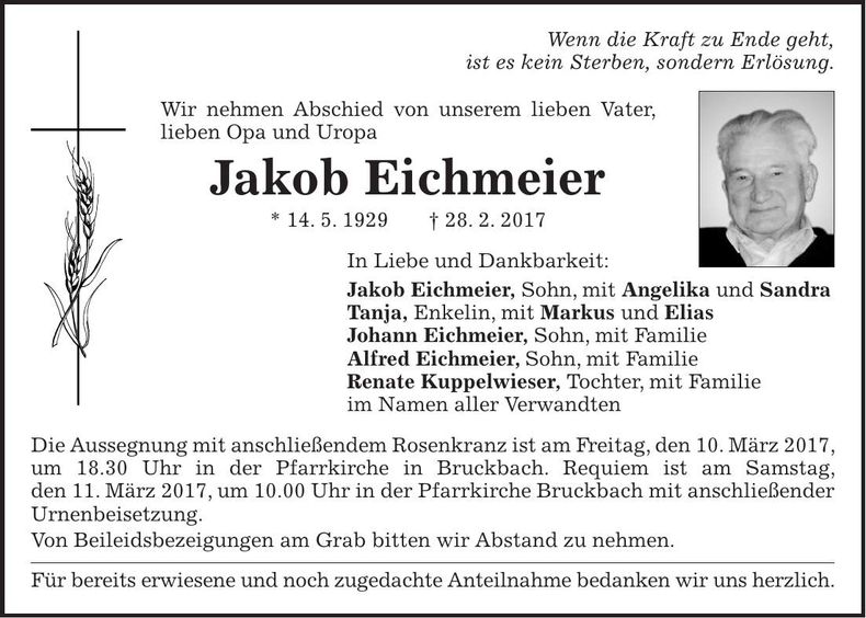 Traueranzeige Jakob Eichmeier