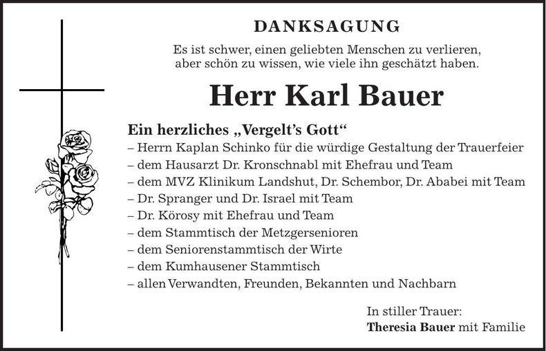 Traueranzeige Karl Bauer