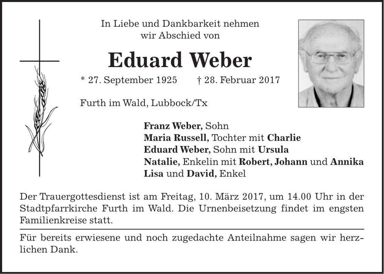 Traueranzeige Eduard Weber